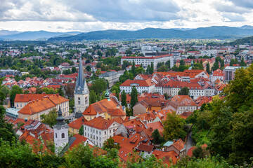 Fototapeta na wymiar Bird's-eye view of the tiled roofs of an old European city