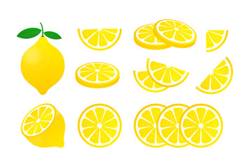 Set Lemon. Yellow lemon vector illustration isolated on white background. - obrazy, fototapety, plakaty