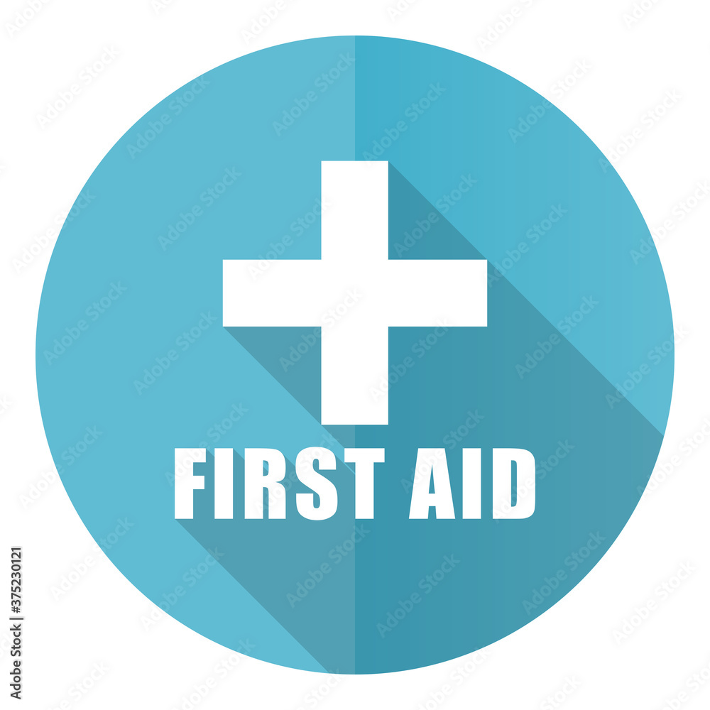 Poster first aid vector icon, flat design blue round web button isolated on white background