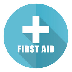 First aid vector icon, flat design blue round web button isolated on white background