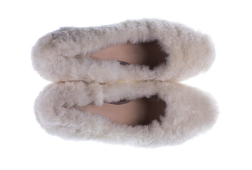 womens fur high-heeled shoes isolated on white background