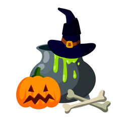 Witch cauldron with magic elixir. Set of items for Halloween. Sorcerer hat. Pumpkin face. Bones of skeleton and poison. Cartoon flat illustration