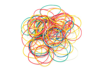 stationery colored rubber bands isolated on white. View from above. Lots of rubber bands