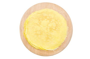 pancakes on a wooden board isolated on white. view from above. Delicious homemade pancakes.
