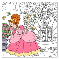 Beautiful princess sniffs a rose flowe in park with a cupid pouring water from a jug a fountain outlined for coloring page