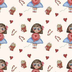 Seamless pattern. Childrens collection. Cute girl with a balloon and sweets and caramel on a white background. Hand drawing. Watercolor for holiday and kids design and textiles