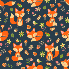 Cute seamless pattern with foxes in the autumn forest. Vector illustration.