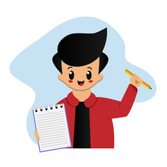 Illustration happy cute little kid boy hold notebook and pencil