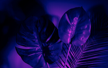 Tropical leaves in vibrant bold gradient holographic neon colors