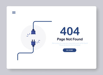 404 error page not found banner. Cable and socket. Cord plug. System error, broken page. Disconnected wires from the outlet. For website. Web Template. Popping window. Blue. Eps 10 - obrazy, fototapety, plakaty