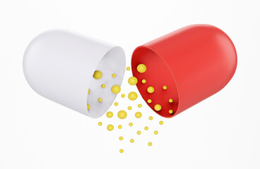 Opened capsule pill white and red color isolated on white background. Contents of the capsule spill out. Element design for medical or pharmaceutics concept, 3d render