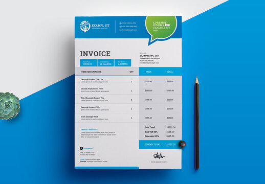 Social Media Business Invoice with Green and Blue Accents