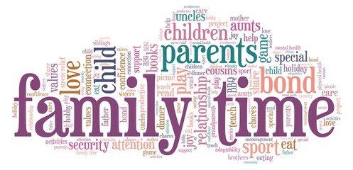 Family time vector illustration word cloud isolated on a white background.