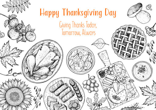 Thanksgiving food banner design. Thanksgiving illustration. Food hand drawn sketch. Festive dinner with turkey. Autumn food sketch. Engraved image. Vector thanksgiving background.