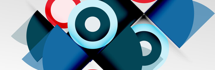 Bright color circles, abstract round shapes and triangles composition with shadow effects. Vector modern geometric design template