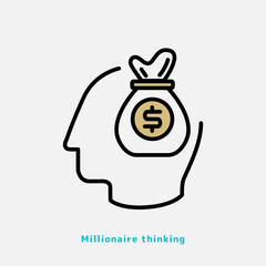 Money bag in head line icon, outline vector sign, linear pictogram. Metaphor of millionaire thinking concept. For the presentation of trainings on personal and financial growth. Editable stroke.