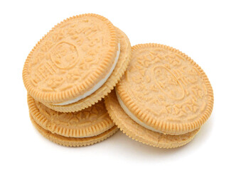 A neat stack of vanilla sandwich cookies