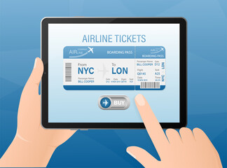 Airline tickets online with hands and tablet in flat style. Isolated vector illustration.