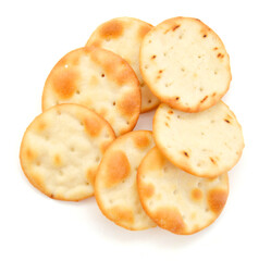 A stack of cheesy rice crackers on a white background.