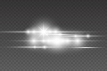Horizontal optical lens flare light, shining streaks, flash starlight. Magic beam flare, bright lens glare horizontal