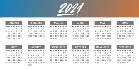 Vector calendar for 2021 year. Week starts monday
