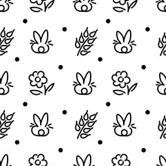 Seamless background with cute drawn rabbits or hares and Botanical patterns . Polka dots. For children's fabrics, textiles, wrapping paper. Black and white Vector