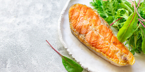 salmon fried steak fillet fish seafood natural ingredient second course eating healthy top view place for text copy space diet raw pescetarian