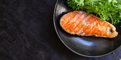 salmon fried steak fillet fish seafood natural ingredient second course eating healthy top view place for text copy space diet raw pescetarian