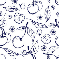Hand draw cherry seamless pattern background wallpaper. Cute seamless pattern with cherries. Seamless pattern. Vector seamless pattern with cherry berries. Cherry line  background.