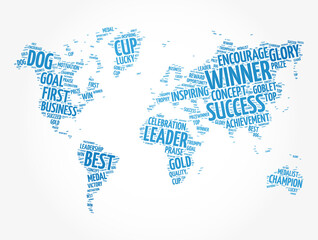 Winner word cloud in shape of world map, concept background