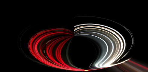 curved red and white heart shaped lines on black background.