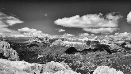 Dolomite Mountains aerial view from Marmolada, Italy