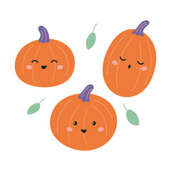 Cute kawaii pumpkins with face. Halloween cartoon illustration for children. Autumn vegetables.