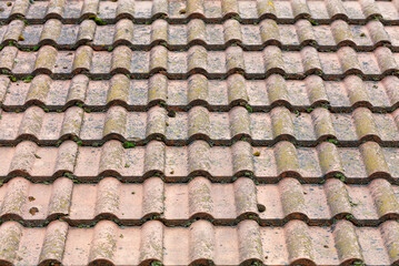Dirty roof tiles with dense moss requiring cleaning