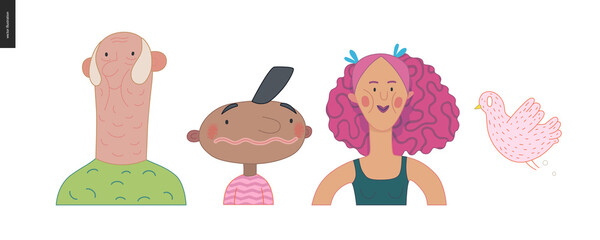 Bright characters portraits set - hand drawn flat style vector design concept illustration of diverse, male and female faces avatars. Flat style vector round icons set
