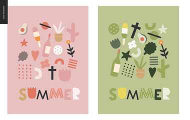 Summer lettering and primitive pattern with seasonal elements - flowers, avocado, ice cream, wine, saturn, heart, plants and a cross. Hand drawn flat style vector design, concept illustration