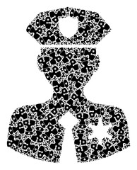 Fractal collage police patrolman. Raster collage is formed with random police patrolman elements. Flat raster design on a white background.