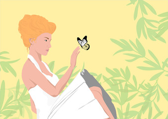 Woman on a meadow with butterfly leaning on her hand. Delicate vector illustration in pastel colors