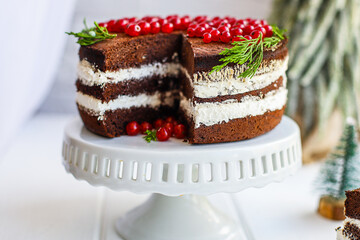 chocolate cake berries cranberries currant red merry christmas new year sweet biscuit cocoa dessert baking food background top view copy space