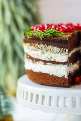 chocolate cake berries cranberries currant red merry christmas new year sweet biscuit cocoa dessert baking food background top view copy space