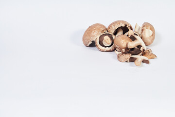 Champignon mushrooms, brown variety, at an angle on a white surface with space to write.