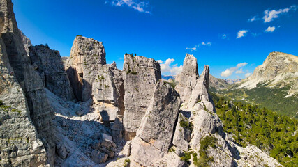 Aerial panoramic mountain landscpae from Five Towers Peaks. Cinque Torri, Dolomite Mountains