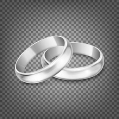 Vector 3d Realistic Silver Metal Wedding Ring Icon Set Closeup Isolated on Transparency Grid Background. Design Template of Shiny Golden Rings. Clipart, Mockup. Side, Front View