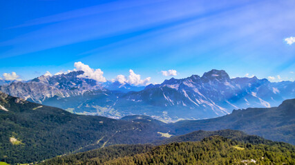 Aerial panoramic mountain landscpae from Five Towers Peaks. Cinque Torri, Dolomite Mountains