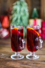 mulled red wine or fruit tea
glass winter drink hot juice serving size spices beverage New Year's and Christmas natural portion top view copy space for text