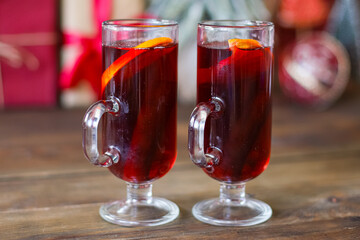 mulled red wine or fruit tea
glass winter drink hot juice serving size spices beverage New Year's and Christmas natural portion top view copy space for text