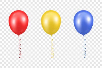 Vector 3d Realistic Red, Yellow and Blue Balloon with Ribbon Set Closeup Isolated on Transparent Background. Design Template of Translucent Helium Baloons, Mockup, Anniversary, Birthday Party