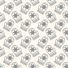 Seamless vector geometric christmas pattern with mittens in monochrome. Winter retro background of gloves with snowflakes for textile, decoration, invitation, fabric