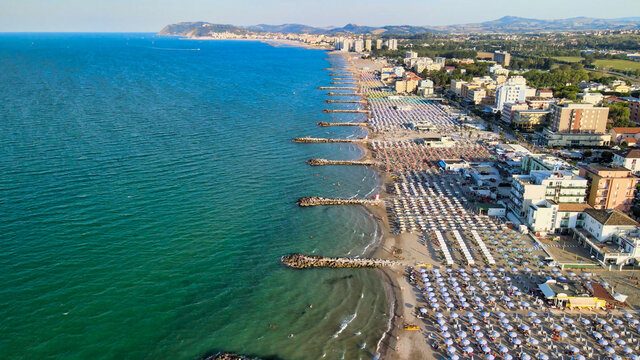 Aerial view of Misano Adriatico Beach from drone in summer season, Italy