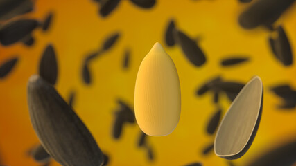 Black sunflower seeds on orange background. In the foreground, a peeled seed from the shell. Shallow depth of field. Product template. 3d rendering